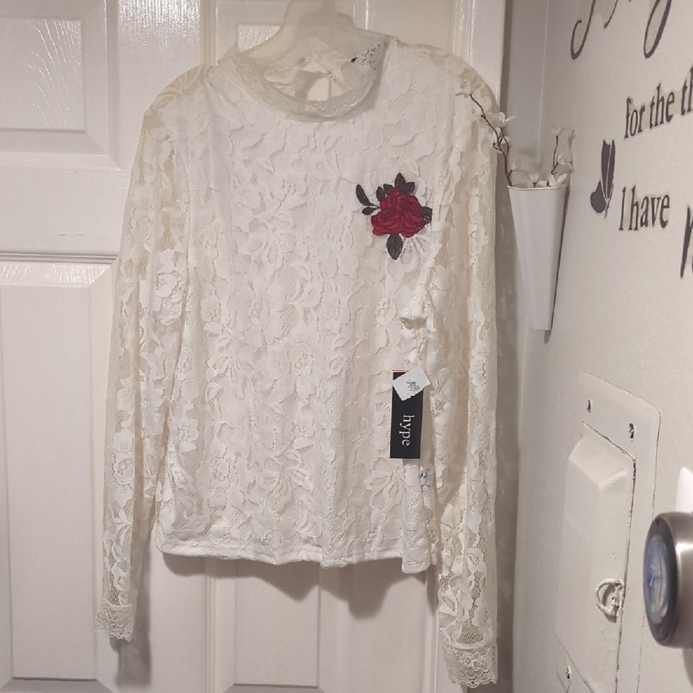 Hype Cream Lace Blouse with Red Floral Detail